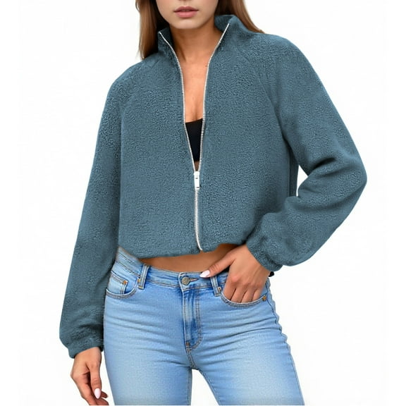 jtjvou Womens 2025 Winter Fleece Jacket Trendy Long Sleeve Zip Up Cropped Warm Coat Fall Fashion Workout Clothes Blue L
