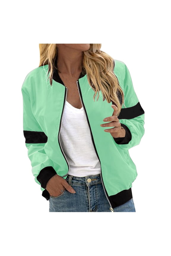 Womens Baseball Jackets Fashion Contrast Casual Pocket Zipper Jacket Tops Fall Jogger Sport Coat Outwear & Jackets Green S