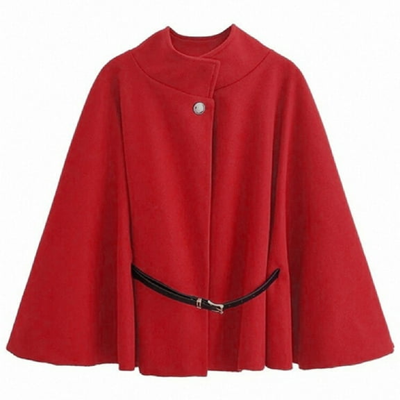 jtjvou Womens Batwing Sleeve Pea Coats Oversized Belted Trendy Casual Stand Collar Casual Cloak Cape Coats with Belt Red XS