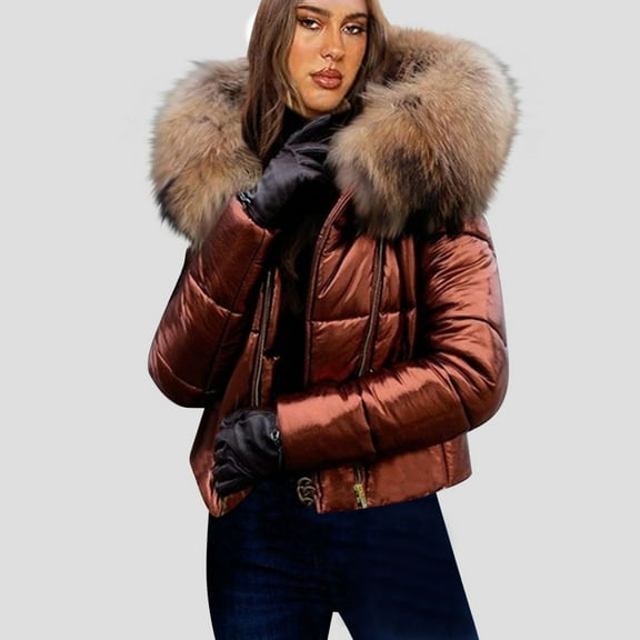 jtjvou Womens Bright down Jacket Winter Warm Faux Fur Hooded Jacket Casual Warm Puffer Parka Coat Brown S