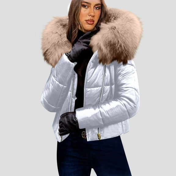 jtjvou Womens Bright down Jacket Winter Warm Faux Fur Hooded Jacket Casual Warm Puffer Parka Coat White XL