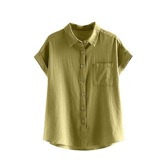 jtjvou Womens Button Down Cotton Gauze Shirts V Neck Roll Up Short Sleeve Blouses Loose Collared Shirt Summer Work Tops Green S