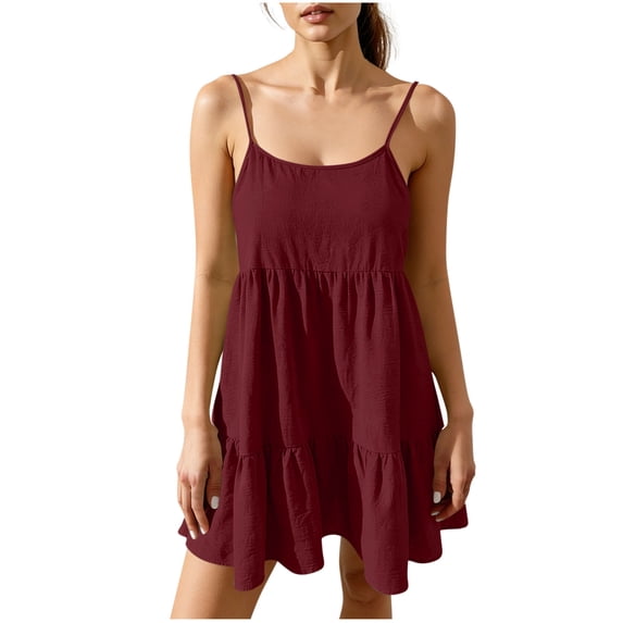 jtjvou Womens Cami Mini Dresses Spaghetti Strap Sleeveless Short A Line Flowy Swing Summer Loose Short Sundress Wine S