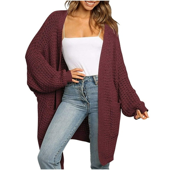 jtjvou Womens Cardigan Solid Color Long Sleeve Open Front Chunky Knit Sweater Outwear Red M