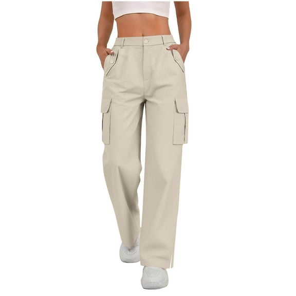 jtjvou Womens Cargo Pants Stretchy Waist Lounge Sweatpant Casual Side Split Workout Running Work Trousers with Pockets Beige S