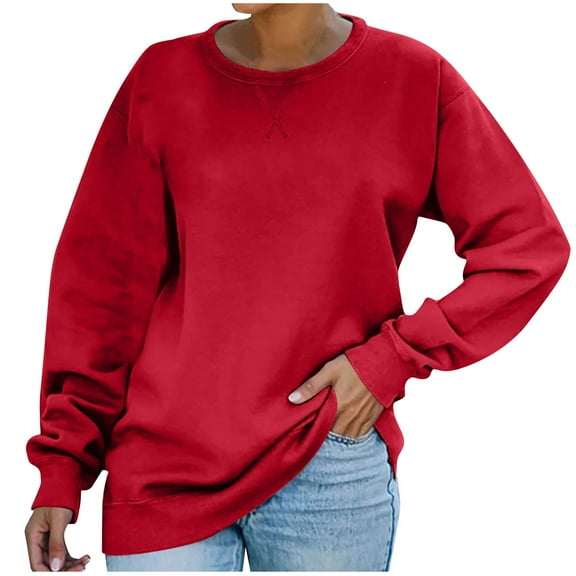 jtjvou Womens Casual Long Sleeve Sweatshirt Crew Neck Cute Pullover Relaxed Fit Tops Red M