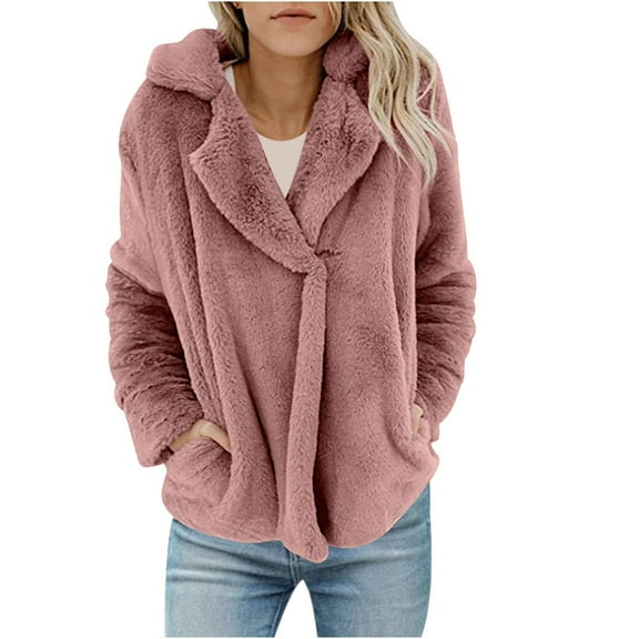 jtjvou Womens Casual Two-Sided Plush Cardigan Coat with Pockets Fleece Fuzzy Jacket Soft Comfy Winter Homewear Red L