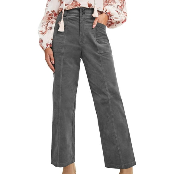 jtjvou Womens Casual Winter Straight Leg Elastic Waist Corduroy Pants with Pockets Gray M