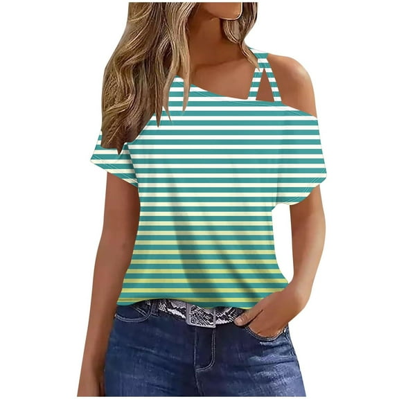jtjvou Womens Cold Shoulder Tops Stripe Shirts Cut Out Shoulder Casual Gradient Tshirts Polka Dot Heart Tees Green XL