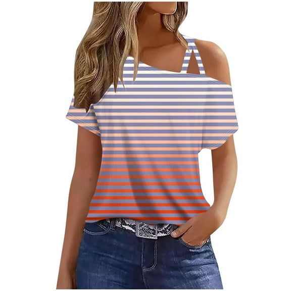 jtjvou Womens Cold Shoulder Tops Stripe Shirts Cut Out Shoulder Casual Gradient Tshirts Polka Dot Heart Tees Pink XXL