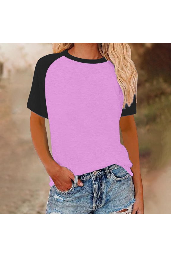 Womens Color Block Raglan T Shirts Summer Casual Short Sleeve Crewneck Basic Tee Tops Baseball Style Loose Blouses Purple XXXL