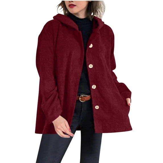 jtjvou Women's Fall Corduroy Jacket with Hood Casual Button Down Hooded Shirt Long Sleeve Oversized Up V Neck Blouses Tops Red XL