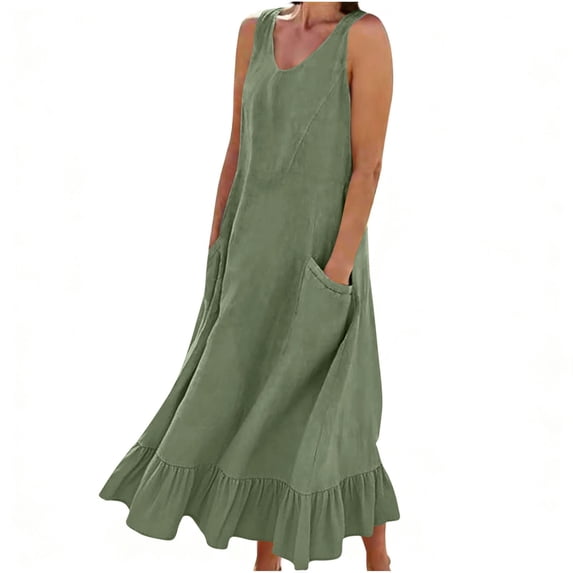 jtjvou Womens Cotton Linen Dresses Sleeveless Crew Neck Maxi Dress Summer Tank Dress with Pockets Loose Fit Dresses Green L