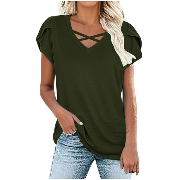 jtjvou Womens Cotton Tops 2025 Criss Cross V Neck Summer Tees Petal Sleeve Comfy Casual Tunic Shirts Solid Loose Blouses Green XXXL