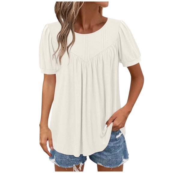 jtjvou Womens Crewneck Short Sleeve Summer Tops Pleated Tunic Shirts White L