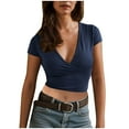 thumbnail image 1 of jtjvou Womens Crop Cleavage Tops Y2k Short Sleeve Shirts Summer Going Out Outfits Deep V Neck Basic Tees Streetwear Blue M, 1 of 7