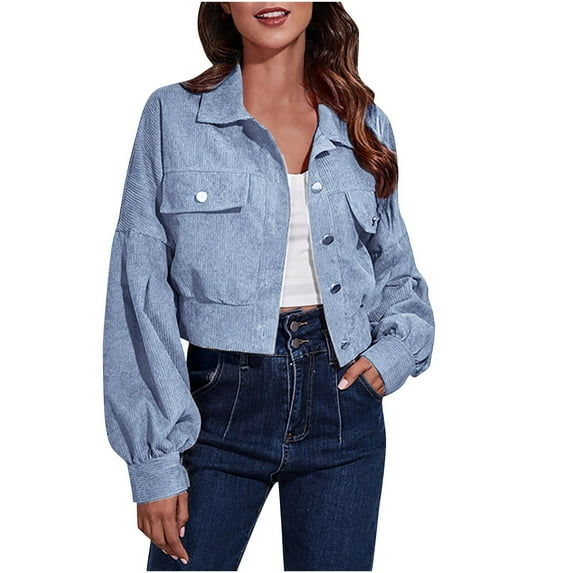 jtjvou Womens Cropped Corduroy Jackets Lightweight Fall Casual Shirt Jacket Button Down Long Sleeve Lapel Shacket Blue L