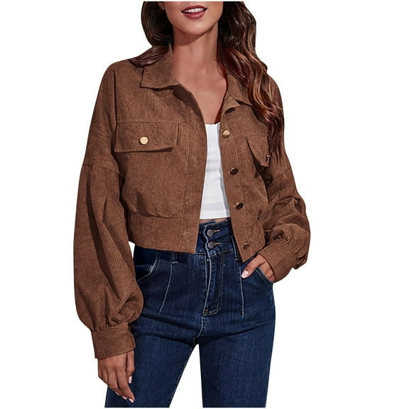 jtjvou Womens Cropped Corduroy Jackets Lightweight Fall Casual Shirt Jacket Button Down Long Sleeve Lapel Shacket Brown XL