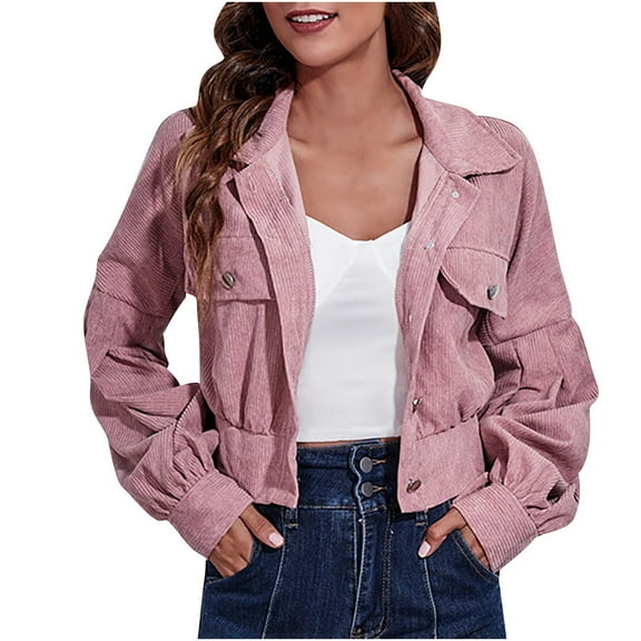jtjvou Womens Cropped Corduroy Jackets Lightweight Fall Casual Shirt Jacket Button Down Long Sleeve Lapel Shacket Pink S