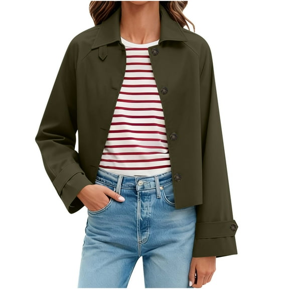 jtjvou Womens Cropped Jacket Contrast Collar Coat Cargo Jacket Barn Jacket Outwear Solid Button Down Coat with Pockets Green L