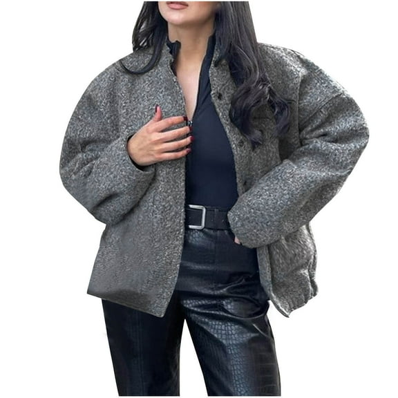 jtjvou Womens Cropped Jacket Wool Short Pea Coats Long Sleeve Button Down Winter Casual Outerwear Gray XXL