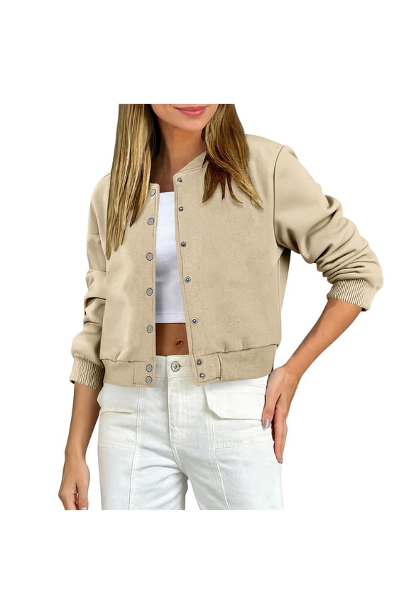 Womens Cropped Jackets Casual Button Down Long Sleeve Stand Collar Shacket Coats Beige M