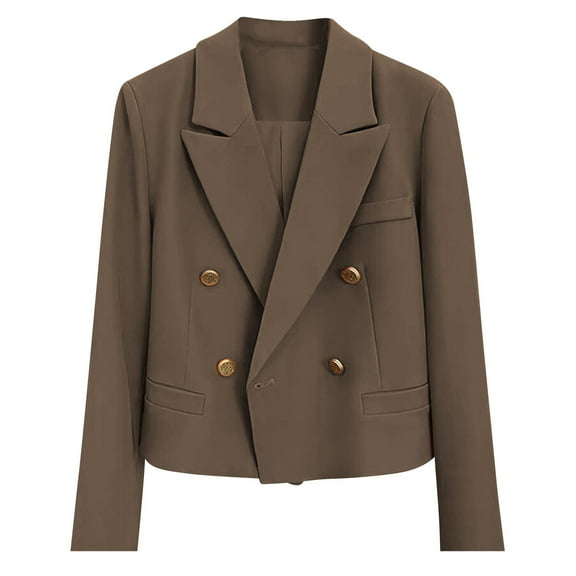 jtjvou Womens Double Breasted Cropped Blazer Jackets Dressy Casual Peak Lapel Long Sleeve Work Office Blazers Crop Jacket Brown XXL