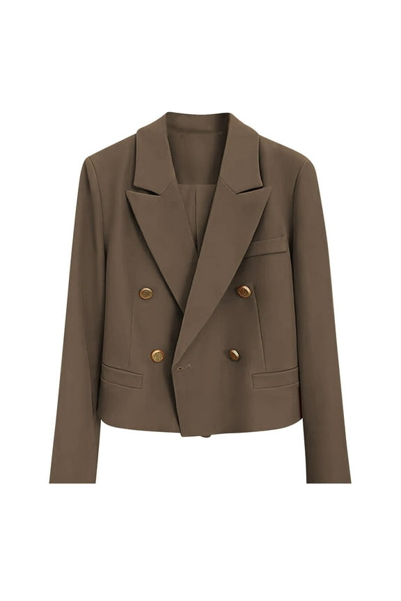 Womens Double Breasted Cropped Blazer Jackets Dressy Casual Peak Lapel Long Sleeve Work Office Blazers Crop Jacket Brown XXL