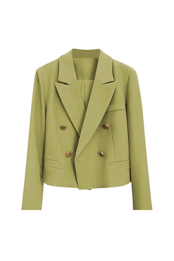 Womens Double Breasted Cropped Blazer Jackets Dressy Casual Peak Lapel Long Sleeve Work Office Blazers Crop Jacket Green XL