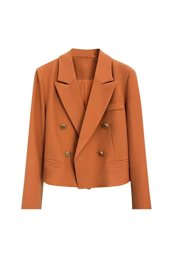 Womens Double Breasted Cropped Blazer Jackets Dressy Casual Peak Lapel Long Sleeve Work Office Blazers Crop Jacket Orange XXL