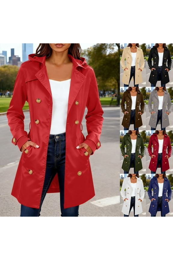 Womens Double Breasted Trench Coats Mid-Length Belted Overcoat Windproof Hooded Jacket Classic Lapel Coat Fall Jackets Beige L