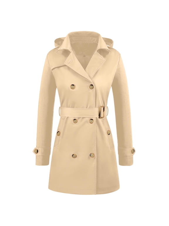 Womens Double Breasted Trench Coats Mid-Length Belted Overcoat Windproof Hooded Jacket Classic Lapel Coat Fall Jackets Beige S