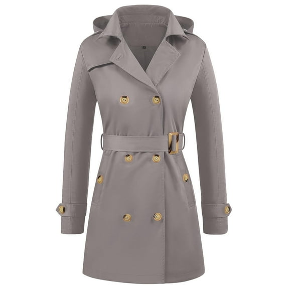 jtjvou Womens Double Breasted Trench Coats Mid-Length Belted Overcoat Windproof Hooded Jacket Classic Lapel Coat Fall Jackets Gray XL