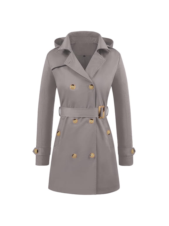 Womens Double Breasted Trench Coats Mid-Length Belted Overcoat Windproof Hooded Jacket Classic Lapel Coat Fall Jackets Gray XXL