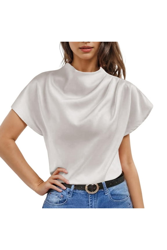 Womens Elegant Cap Sleeve Satin Tops Trendy Pleated Mock Neck Business Shirts Ladies Dressy Casual Going Out Blouses White S
