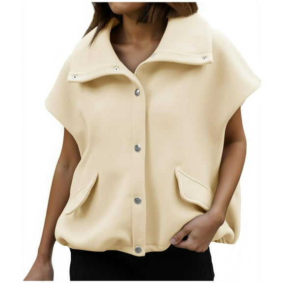 jtjvou Womens Fall Oversized Vest Cropped Button Down Cap Sleeve Lapel Collar Jackets Casual Drawstring Outerwear Beige S