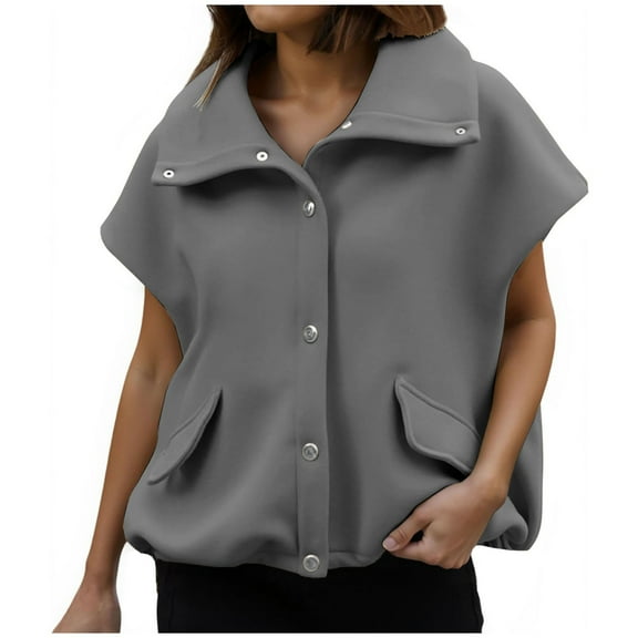 jtjvou Womens Fall Oversized Vest Cropped Button Down Cap Sleeve Lapel Collar Jackets Casual Drawstring Outerwear Gray XXL