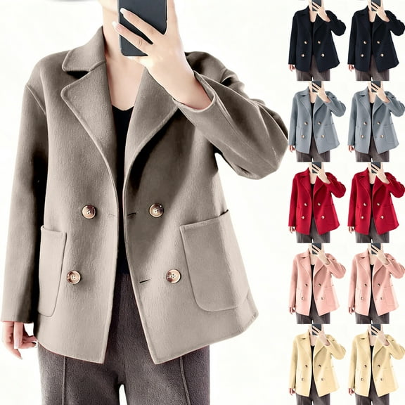 jtjvou Womens Fall Winter Casual Business Wool Blend Coat Loose Double Breasted Dressy Blazer Pea Coat Black L