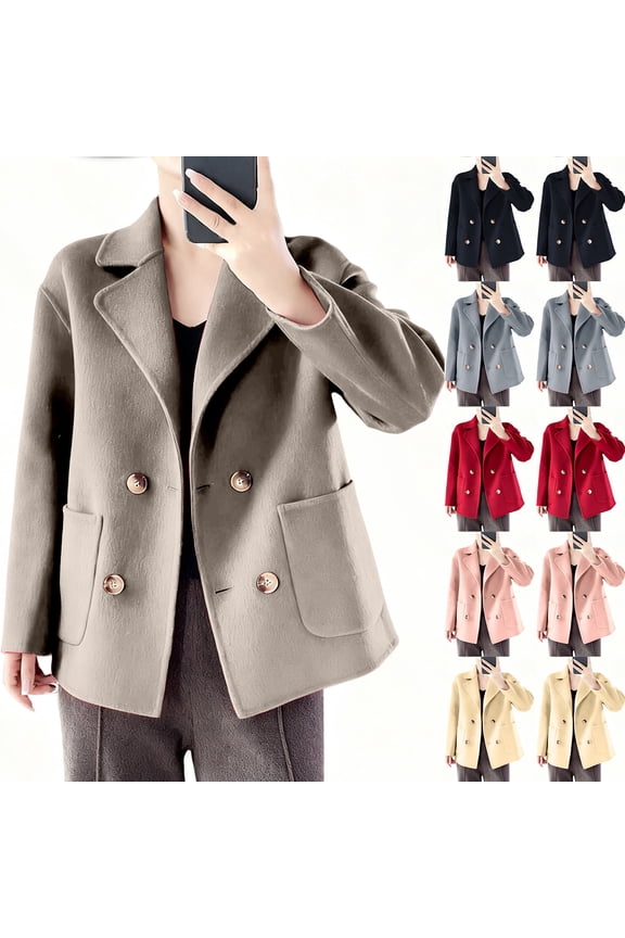 Womens Fall Winter Casual Business Wool Blend Coat Loose Double Breasted Dressy Blazer Pea Coat Black L