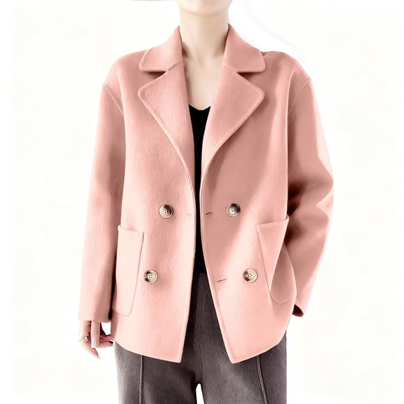 jtjvou Womens Fall Winter Casual Business Wool Blend Coat Loose Double Breasted Dressy Blazer Pea Coat Pink XL