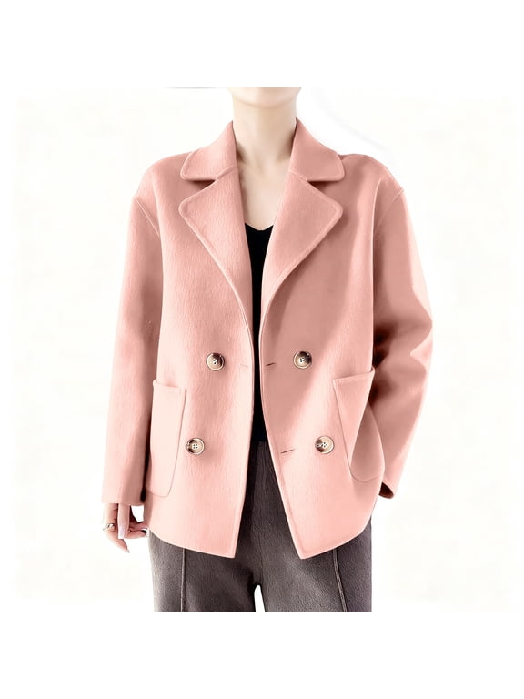 Womens Fall Winter Casual Business Wool Blend Coat Loose Double Breasted Dressy Blazer Pea Coat Pink XL