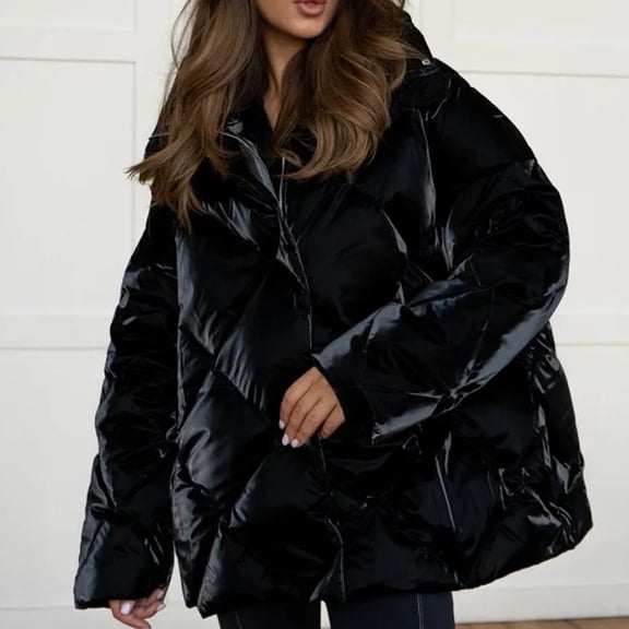 jtjvou Womens Fall Winter Warm Coats Solid Puffy Bread Jacket Shiny Lapel Down Puffer Jackets Casual Padded Coat Black S