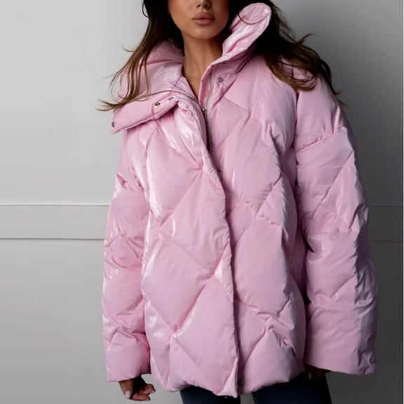 jtjvou Womens Fall Winter Warm Coats Solid Puffy Bread Jacket Shiny Lapel Down Puffer Jackets Casual Padded Coat Pink L