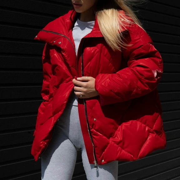 jtjvou Womens Fall Winter Warm Coats Solid Puffy Bread Jacket Shiny Lapel Down Puffer Jackets Casual Padded Coat Red M