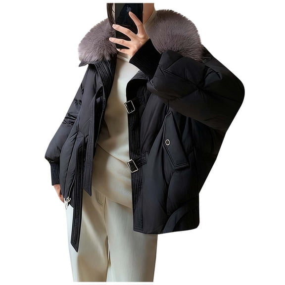 jtjvou Womens Fashion Winter Jacket Korean Big Furs Collar Thick Down Cotton Parkas Short Coat Slim Warm Outerwear Black XL