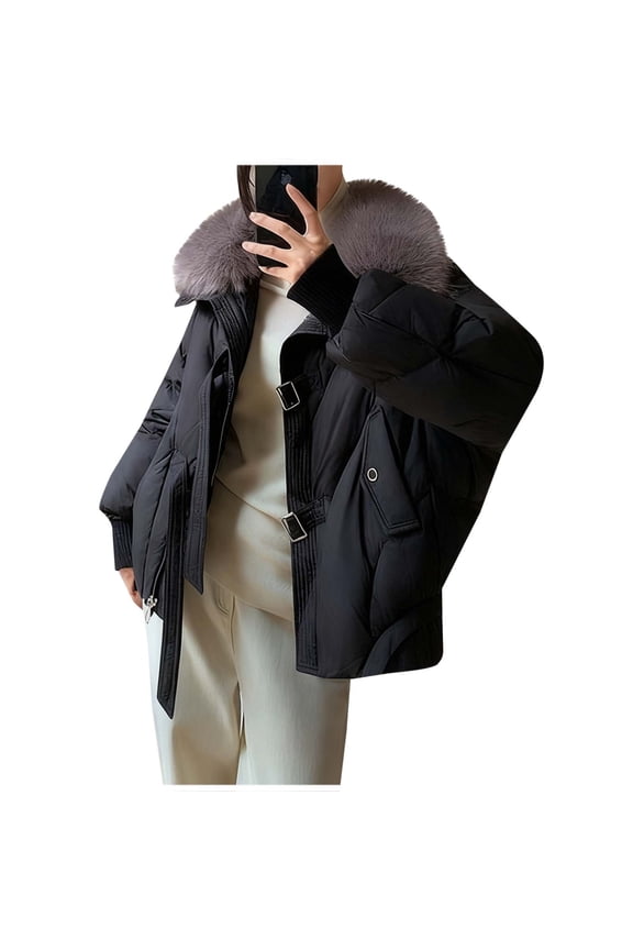 Womens Fashion Winter Jacket Korean Big Furs Collar Thick Down Cotton Parkas Short Coat Slim Warm Outerwear Black XXL