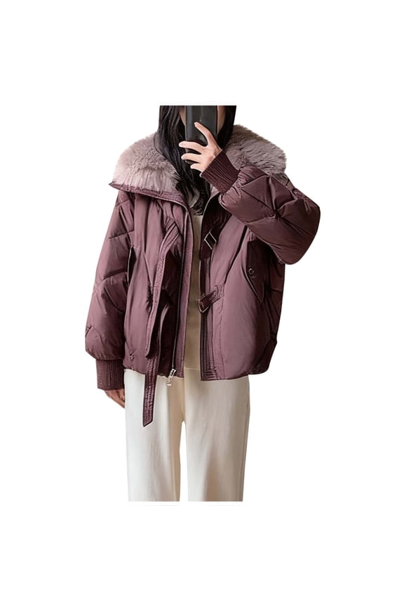 Womens Fashion Winter Jacket Korean Big Furs Collar Thick Down Cotton Parkas Short Coat Slim Warm Outerwear Brown L
