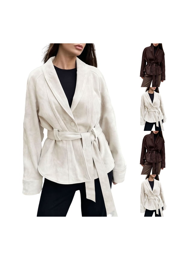 Womens Faux Suede Jacket with Belt Long Sleeve Button Down Belted Suede Leather Jacket Coats Beige L