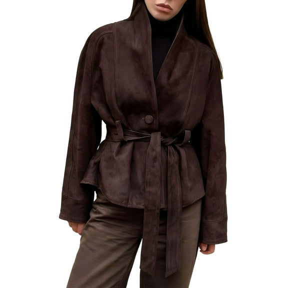 jtjvou Womens Faux Suede Jacket with Belt Long Sleeve Button Down Belted Suede Leather Jacket Coats Brown S