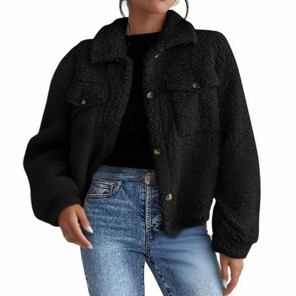 jtjvou Womens Fleece Jacket Casual Long Sleeve Button Cropped Down Fuzzy Coats Fall Winter Warm Outwear With PocketsBlack S